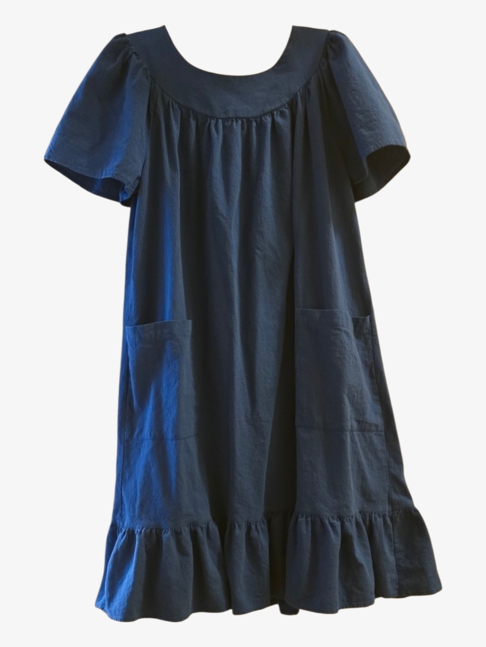 Vintage 100% Cotton Navy Ruffle-Hem Smock Dress with Pockets Grandma Core